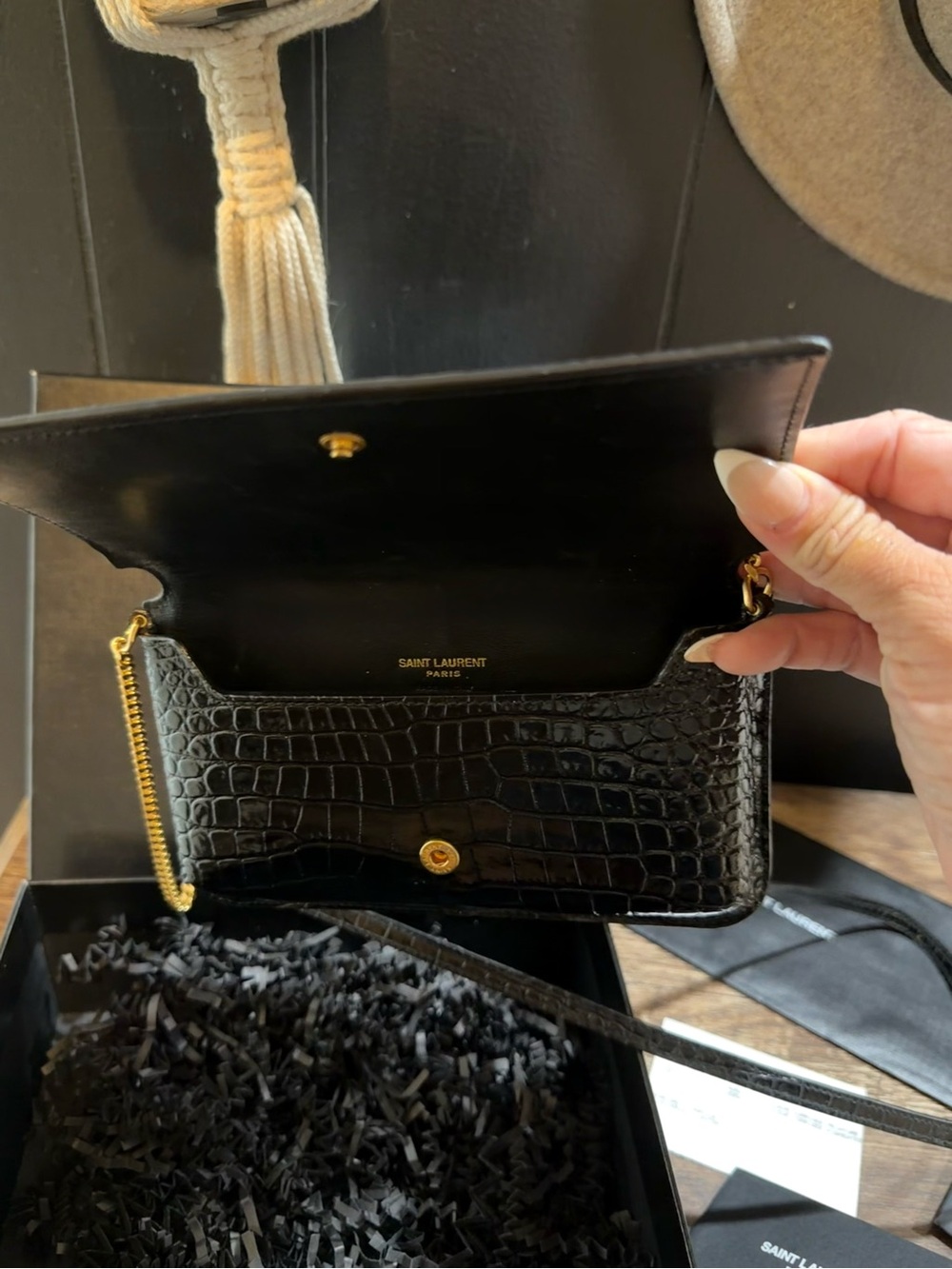 Saint Laurent Black Croc-Embossed YSL Chain Wallet with Gold Hardware - Picture 4 of 6